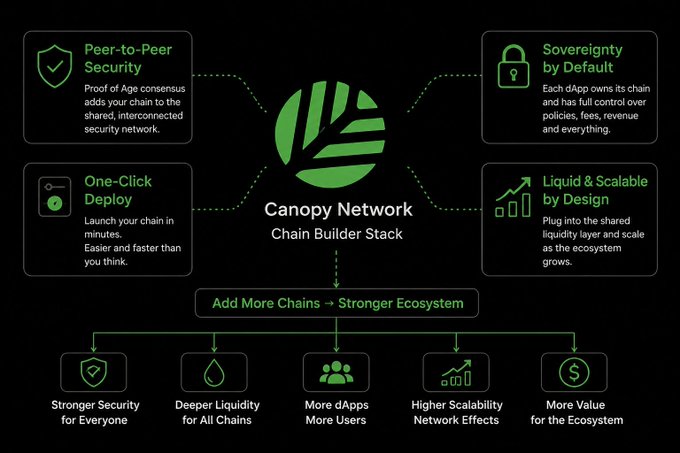 Infographic for 'Canopy Network Chain Builder Stack' highlighting features like Peer-to-Peer Security, Sovereignty by Default, One-Click Deploy, and Liquid & Scalable by Design.
