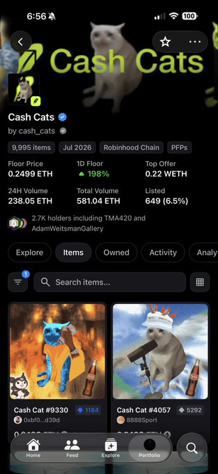 The screenshot shows a mobile interface for the "Cash Cats" NFT collection on Robinhood Chain, with 9,995 items, a floor price of 0.2499 ETH (up 198%), and 24-hour volume of 238.05 ETH. The page displays individual NFT items like "Cash Cat #9330" (price 0.039 ETH) and "Cash Cat #4057" (price 0.1297 ETH), supporting the post's claim that the collection remains undervalued relative to the speculated 1 ETH target.