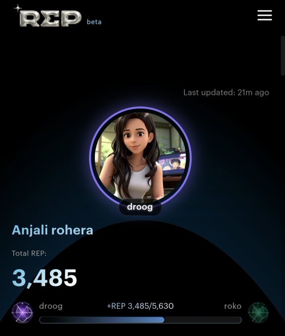 A profile page on the 'REP beta' platform showing an avatar for 'Anjali rohera' (username 'droog') with a total REP score of 3,485, updated 21 minutes ago.