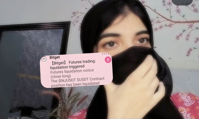 A woman wearing a black face covering holds her hand near her face, with an overlaid Bitget notification message reading: '[Bitget] Futures trading: liquidation triggered / Futures liquidation notice (close long) / The $INJUSDT $USDT Contract position has been liquidated'.
