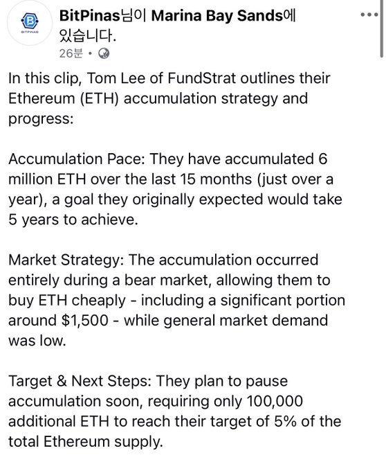 A post from BitPinas (26 minutes ago) at Marina Bay Sands outlines FundStrat's Tom Lee describing an Ethereum accumulation strategy, having secured 6 million ETH in 15 months—well ahead of schedule—and pausing shortly, needing just 100,000 more ETH to hit their 5% supply target. The accompanying caption riffs on this with Bitmain-style mining humor, claiming it as further justification to keep buying $BMNR ETH.