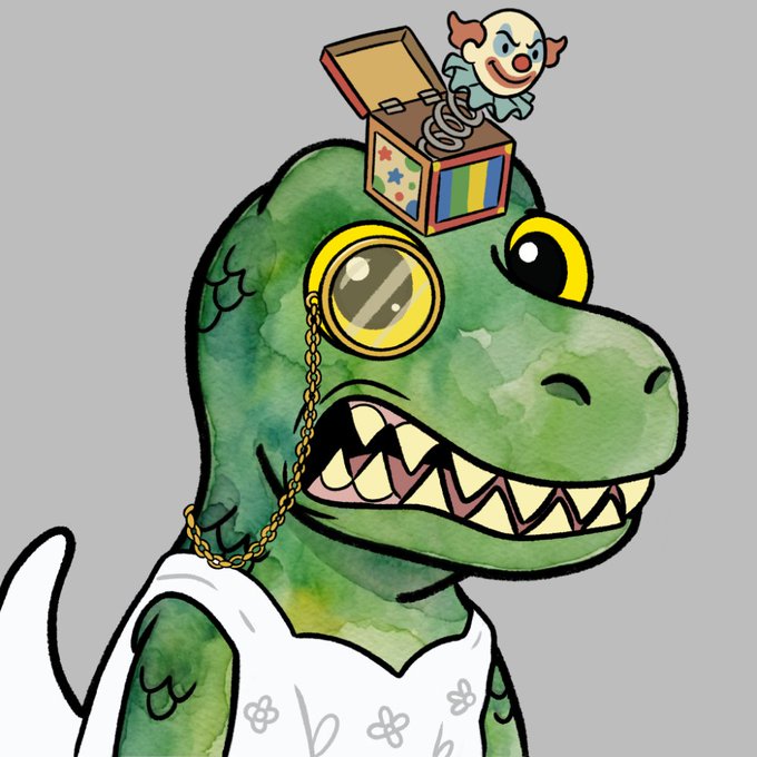 A digital illustration of a green, cartoonish dinosaur-like creature wearing a monocle with a gold chain, while a small jack-in-the-box clown pops out of its head.