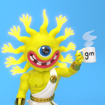 A yellow cyclops monster character with multiple tentacle-like appendages holds a mug labeled 'gm' against a blue background.
