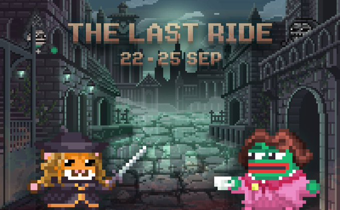 A pixel art promotional graphic for an event titled 'THE LAST RIDE' dated '22 - 25 SEP', featuring a cat warrior and a green frog-like character against a dark castle background.