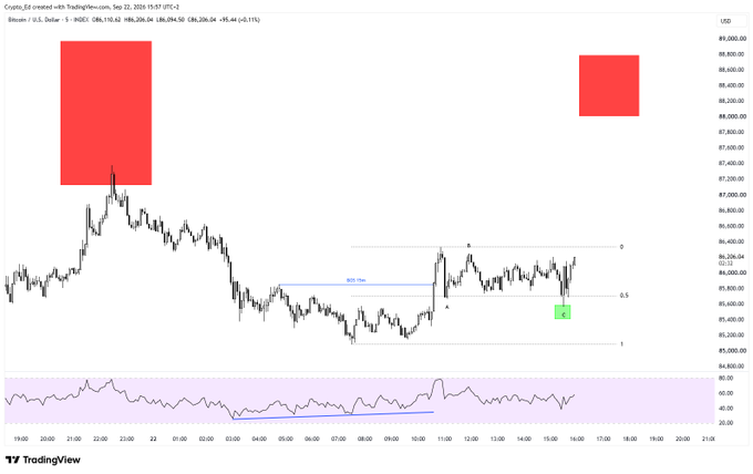 A Bitcoin 5-minute TradingView candlestick chart (BTC/USD at $86,210.82) displaying bearish rejection at the red resistance box near $88,000-$88,600, followed by a corrective pullback into the green discount zone around $85,750 with bullish divergence visible on the RSI indicator below.