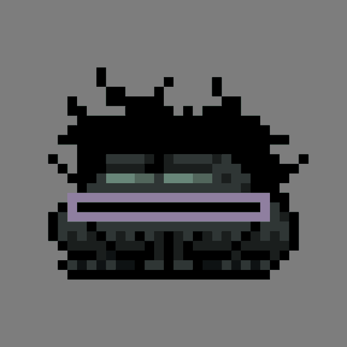 A pixel art rendering of a dark, blob-like character with teal eyes and a purple mouth against a gray background.