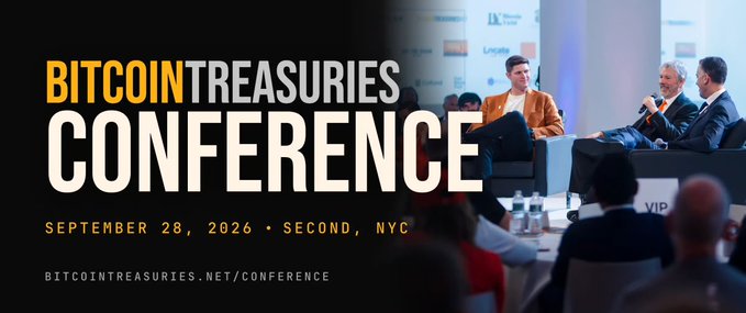 A promotional banner for the 'BITCOIN TREASURIES CONFERENCE' on 'SEPTEMBER 28, 2026 • SECOND, NYC' with the website 'BITCOINTREASURIES.NET/CONFERENCE', showing a panel discussion in the background.