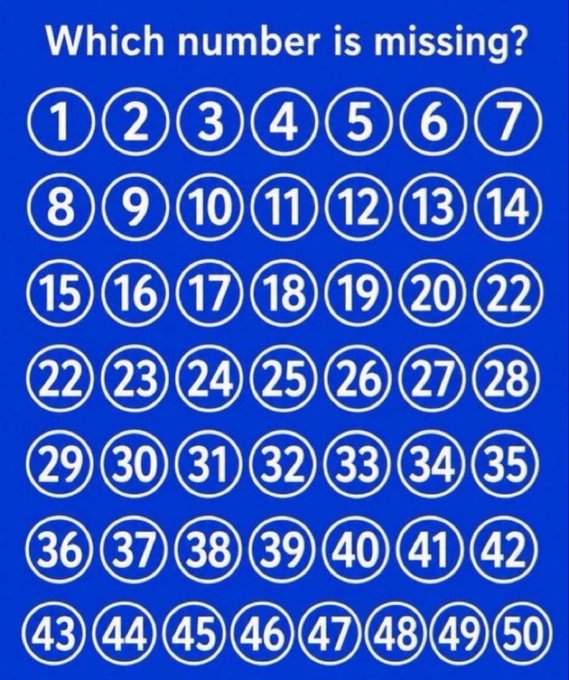 A blue puzzle image asks 'Which number is missing?' displaying a grid of numbered circles from 1 to 50, with the number 21 conspicuously absent from the sequence.
