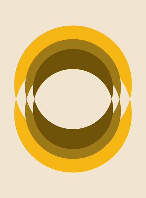 A minimalist geometric artwork featuring concentric overlapping circles in golden yellow, olive, and brown tones against a cream background. The layered circular composition mirrors the "inception" concept referenced in the post, evoking depth through nested forms while keeping the design deceptively simple.