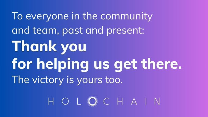 A Holochain promotional graphic with a blue-to-purple gradient background displays the message "To everyone in the community and team, past and present: Thank you for helping us get there. The victory is yours too," along with the Holochain logo. The image celebrates the achievement of Holochain reaching version 0.7 and the upcoming HOT→HF migration, acknowledging the community's contributions through various challenges.