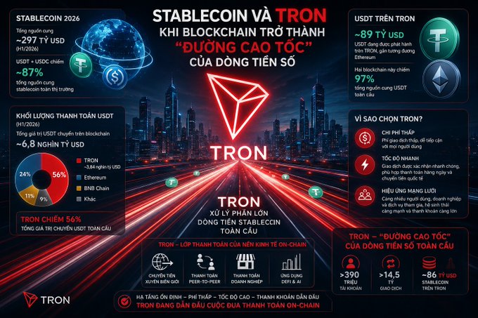 A Vietnamese infographic titled 'STABLECOIN VÀ TRON' promoting TRON blockchain as a 'highway' for stablecoins, featuring statistics like '-297 TỶ USD' and '~89 TỶ USD' USDT, with pie charts and icons of Tether and Ethereum logos.