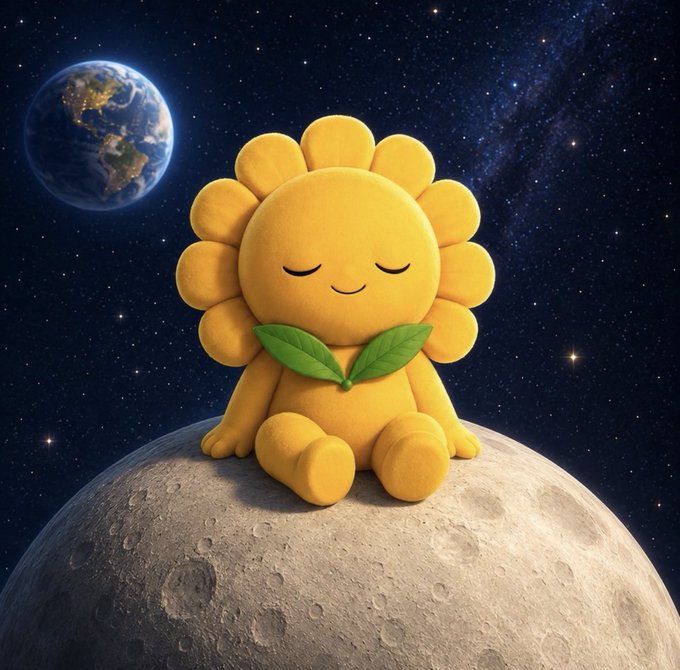 A serene plush sunflower plushie with closed eyes sits peacefully atop a moon, with Earth glowing in the starry background, perfectly capturing the tranquil Sunday night mood of rest and reflection conveyed in the post.