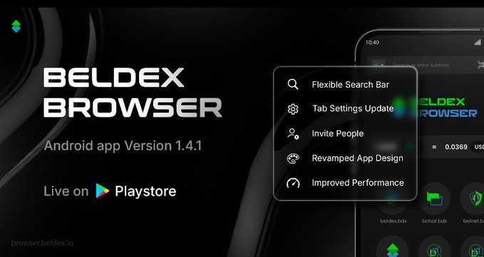 A nearly identical promotional graphic announces 'BELDEX BROWSER Android app Version 1.4.1' with the same list of features, 'Live on Playstore,' and browser.beldex.io.