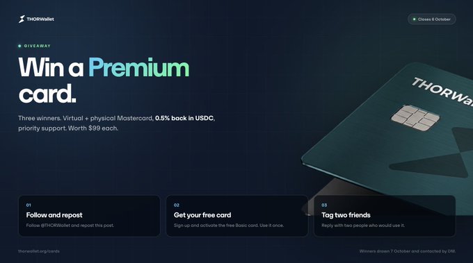 A THORWallet giveaway page titled 'Win a Premium card' featuring a dark green Mastercard, with three steps: follow and repost, get your free card, and tag two friends.
