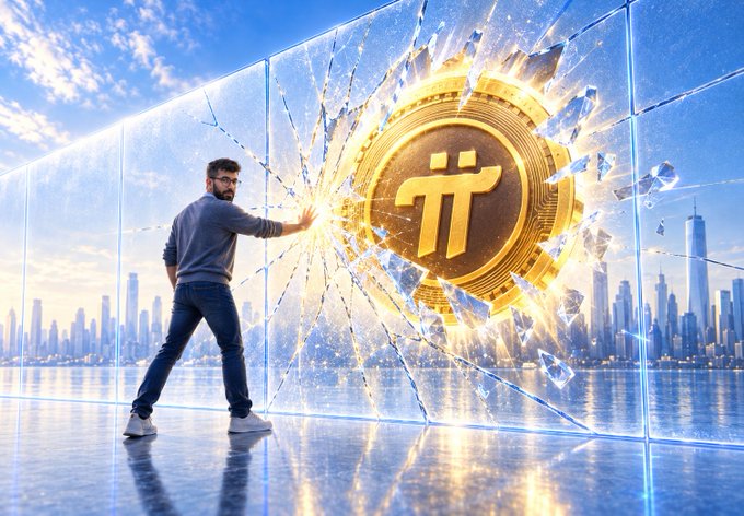 A man shatters a glass barrier to reveal a glowing golden Pi Network (π) coin, symbolizing Pi breaking beyond limitations, which visually reinforces the post's message of "π — Power Beyond Limits."