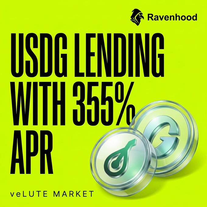A bright green promotional graphic advertises 'USDG LENDING WITH 355% APR' from 'Ravenhood', featuring 3D-rendered circular tokens with a green logo and 'e' symbol, branded by 'veLUTE MARKET'.