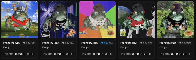 The image displays five NFT character reveals from the "Frongs" collection, including specific listings such as Frong #6538, #3959, #3358, #5652, and #3302, each showing unique artistic styles with top offers of 0.0038 ETH. These reveals visually support the post's excitement about the clean art quality and varied vibes of the Frongs NFTs on Robinhood Chain.