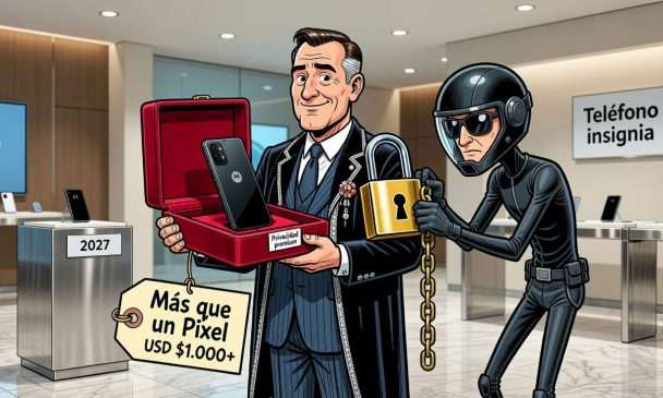 A smug businessman in a suit proudly displays a "Privacidad premium" Motorola phone in a red jewelry box, while a black-clad figure in tactical gear wrestles a heavy chain-locked briefcase away from him. The setting includes signage reading "Teléfono insignia," "2027," and "Más que un Pixel USD $1.000+," illustrating the post's claim that Motorola will launch GrapheneOS-compatible flagships in 2027 priced above Pixel phones.