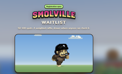 A promotional image for the "SMOLVILLE" waitlist featuring a chibi-style character with glasses and dark hair against a blue sky background, advertising 100 spots available to join a closed beta tester program within 2 days. The text at the bottom mentions "100 spots" and "anyone can check it," aligning with the post's emphasis on securing a spot for the gamefi project.