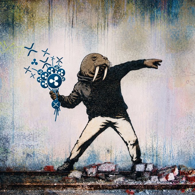 Street art mural of a hooded figure with a walrus head holding Ripple (XRP) cryptocurrency balloons against a weathered wall background.