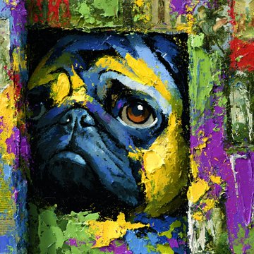 A vibrant, expressionistic painting of a pug with bold splashes of blue, yellow, and purple, framed by colorful brushstrokes, fitting the "Square Pugness" NFT series mentioned in the post. The artwork's energetic palette mirrors the celebratory tone of the sales announcement for "Square Pugness #4" and the sold-out "Fractured Witness" piece.