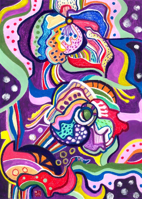 A vibrant, abstract painting filled with swirling shapes, dots, and organic forms in bold colors like purple, pink, yellow, blue, and green, signed 'MR 22' in the bottom left corner.