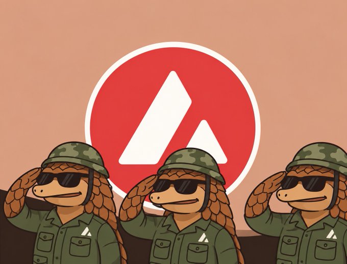 The image features three cartoon pangolin characters in military uniforms and sunglasses saluting in front of a large red Avalanche (AVAX) logo, visually representing the post's theme of "$AVAX always aligned. Pangolin reporting for duty." The disciplined, saluting pangolins embody the "reporting for duty" and "always aligned" messaging, promoting alignment with the Avalanche ecosystem ahead of an event called "Summit."