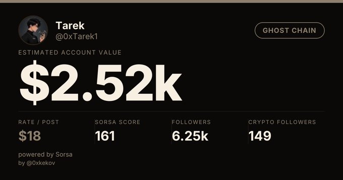 A dark-themed dashboard for X user 'Tarek (@0xTarek1)' powered by Sorsa, showing an estimated account value of $2.52K, a SORSA SCORE of 161, 6.25k followers, 149 crypto followers, and a 'GHOST CHAIN' badge.
