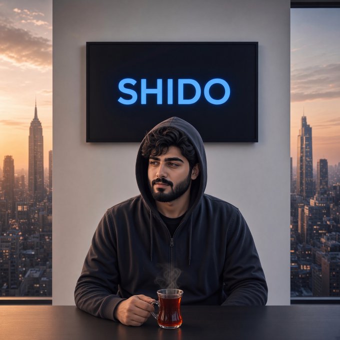 A man wearing a dark hoodie holding a glass mug of tea, sitting in front of a screen displaying 'SHIDO' in blue letters against a city skyline backdrop.