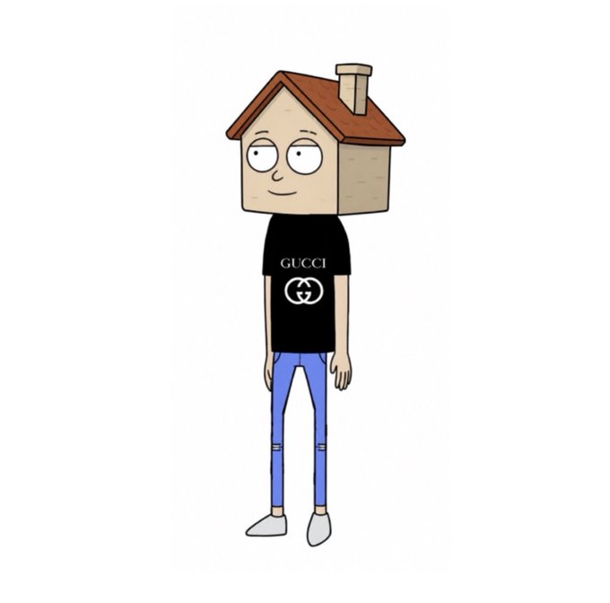 A cartoon character with a house for a head wearing a black Gucci t-shirt and blue pants.