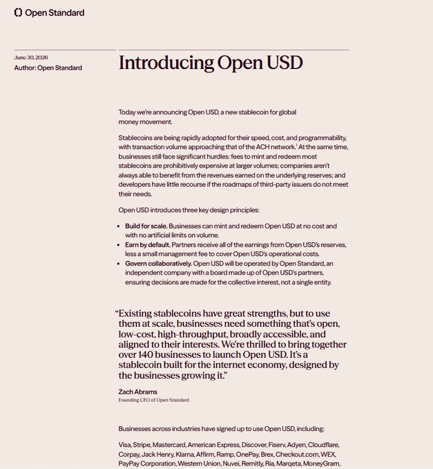 The image shows an Open Standard announcement titled "Introducing Open USD," describing a new stablecoin built on three principles: being built for scale, earning by default, and governed collaboratively. The post highlights major financial backers including Visa, Stripe, Mastercard, BlackRock, and Coinbase, aligning with the announcement's mention of over 140 businesses launching Open USD.