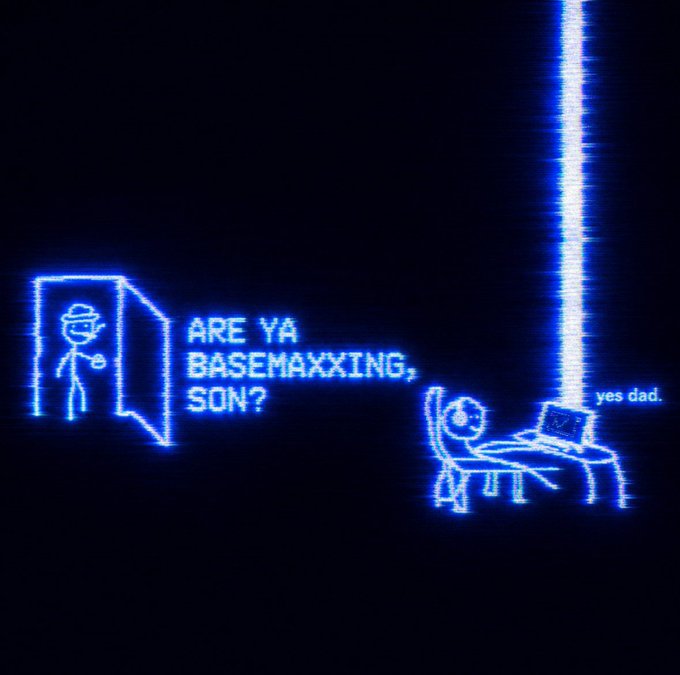 A neon blue digital illustration shows a father figure standing in a doorway asking, "ARE YA BASEMAXXING, SON?" while his son sits at a computer desk, replying "yes dad," with a glowing vertical beam of light streaming down from above onto the desk—humorously depicting someone focused on monitoring a "base" (likely a trading chart or technical level) with laser-like intensity.