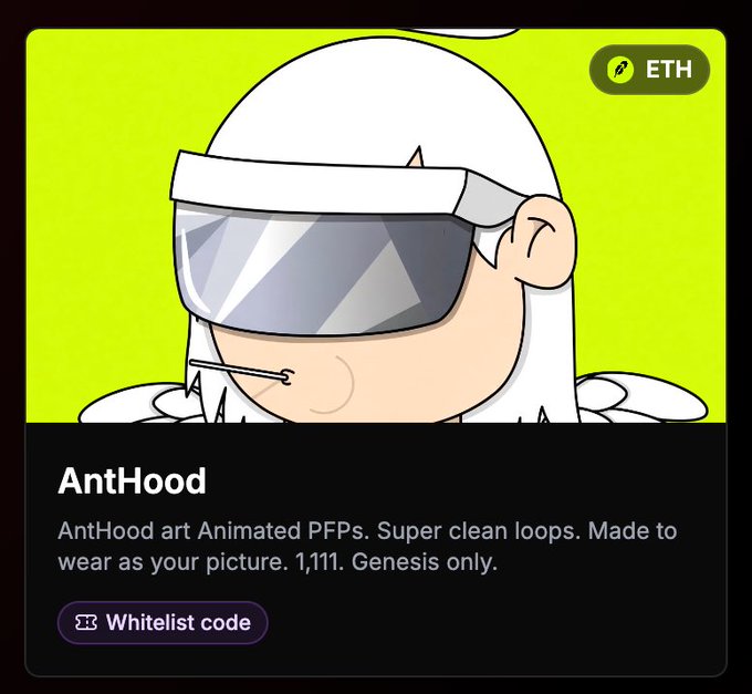 A digital collectible card features a cartoon character wearing a white hoodie and futuristic silver visor against a lime-green background, labeled "AntHood" with a description noting "1,111. Genesis only." and an "ETH" ticker, alongside a "Whitelist code" button—matching the announcement of 1,111 free-mint animated PFPs on Robinhood Chain.