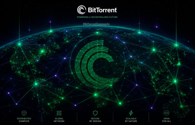 A promotional graphic for 'BitTorrent' with the tagline 'POWERING A DECENTRALIZED FUTURE,' displaying a glowing green network globe and icons representing 'DISTRIBUTED COMPUTE,' 'GLOBAL NETWORK,' 'SECURE BY DESIGN,' 'SCALABLE BY NATURE,' and 'OPEN FOR ALL.'