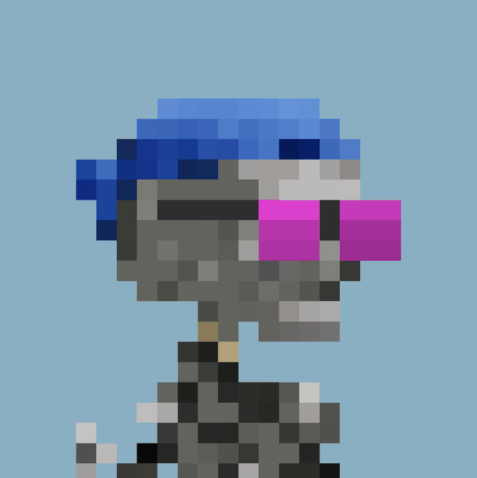 A pixel art skeleton character with blue hair and glowing pink/magenta visor-style eyes stands against a light blue background, visually evoking the "Argonaut" or "Loot" theme of adventurers referenced in the post about Fake World Assets.