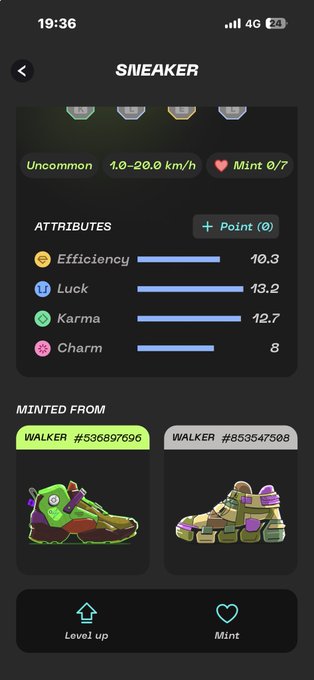 iphone screen displays a sneaker inventory, including "Sneaker" and "Walker", with a list of attributes and their values.