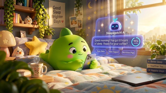 A 3D-rendered green cartoon character with a small horn sits on a bed holding a phone, while a floating holographic interface displays 'Sleepagotchi AI' with a message 'Good morning! You got 8 hours of sleep. Ready for your coffee?' at 95% quality.