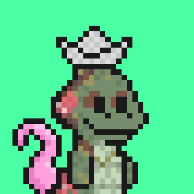 A pixel art illustration of a green dinosaur-like character with a pink tail, red bow, and gray cap, set against a green background.