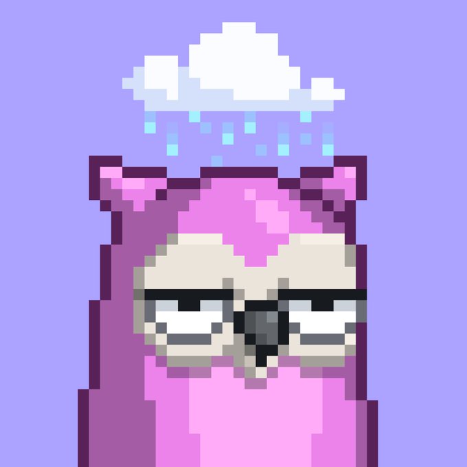 A pixel art illustration of a grumpy-looking pink cat character with droopy eyes standing under a rain cloud against a light purple background.
