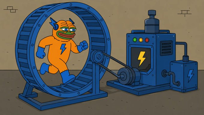 An orange superhero with a lightning bolt emblem and blue gloves runs inside a large blue hamster wheel connected by a belt to an electricity-generating machine, symbolizing Bitcoin Hyper's sustained energy and continuous network testing as the platform builds performance and reliability ahead of growing transaction volume and new applications launching.