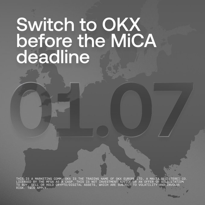 The image shows a map with the text "Switch to OKX before the Mica deadline" written above it. The background of the image is black, making the white text stand out prominently. The text also mentions that the Mica trading platform is regulated by the European Securities and Markets Authority (ESMA) in Europe, which implies a certain level of trustworthiness or reliability associated with the platform.