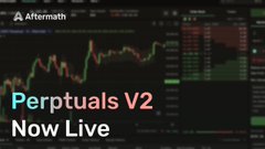 A promotional graphic with the logo 'Aftermath' at the top left, showing a cryptocurrency trading chart and the text 'Perpetuals V2 Now Live' in the foreground.
