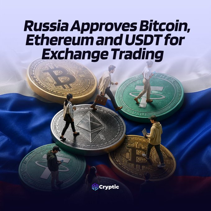 The image is a promotional graphic featuring miniature figures walking across oversized Bitcoin, Ethereum, and USDT (Tether) coins set against a backdrop of the Russian flag, with the headline "Russia Approves Bitcoin, Ethereum and USDT for Exchange Trading" and a "Cryptic" logo at the bottom. The post contextualizes the image by reporting that Russia's central bank has proposed allowing these cryptocurrencies for regulated retail trading with an annual purchase limit of ₽300,000 for non-qualified investors, effective September 1.