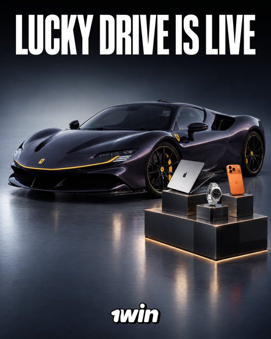 A promotional graphic advertises a giveaway with the text 'LUCKY DRIVE IS LIVE' at the top and '1win' at the bottom, showing a dark purple Ferrari sports car alongside a laptop, watch, and smartphone displayed on pedestals.