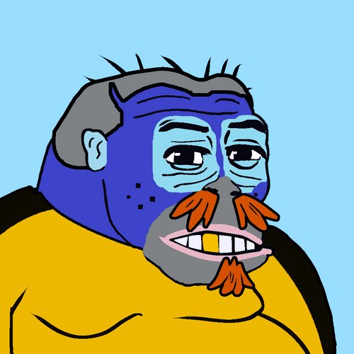 A cartoon illustration of a sad-looking blue gorilla character with an orange mustache and goatee, wearing a yellow shirt against a light blue background.