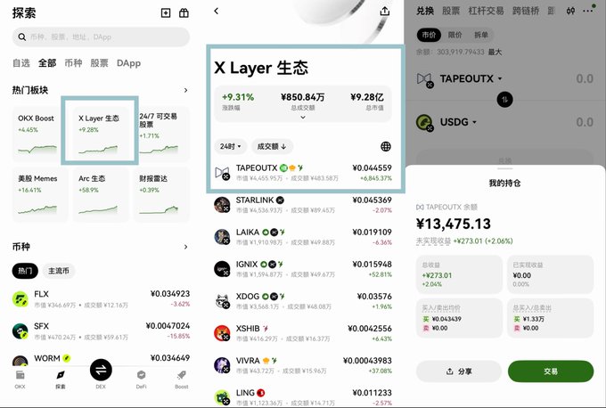 A screenshot of a cryptocurrency trading app showing an "X Layer 生态" (X Layer Ecosystem) section with tokens like TAPEOUTX, STARLINK, LAIKA, and IGNIX, displaying various percentage gains.