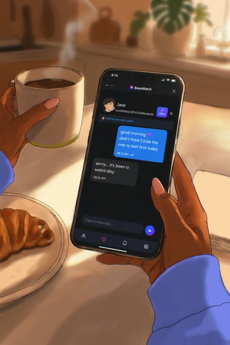 An animated illustration showing hands holding a coffee mug and a smartphone displaying a BaseMatch chat conversation reading 'good morning didn't mark 1:1 be the one to text first today' and 'sorry... it's been a weird day'.
