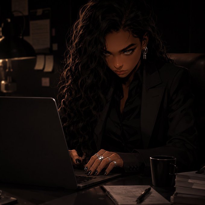 A stylized digital illustration of a woman with long curly hair, wearing a black blazer and silver earrings, typing on a laptop in a dimly lit office setting.