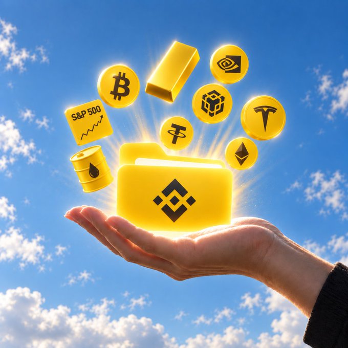 A hand held up to a blue sky cradles a glowing Binance wallet, from which float golden tokens and icons representing Bitcoin, S&P 500, oil, gold, BNB, and others—symbolizing the boundless ("无限可能") crypto and asset opportunities Binance users can "catch" ("接住") today.