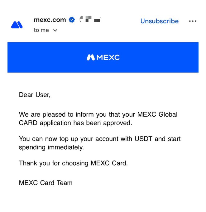 An email from mexc.com (verified sender) informing the user that their "MEXC Global CARD application has been approved" and they can top up with USDT.